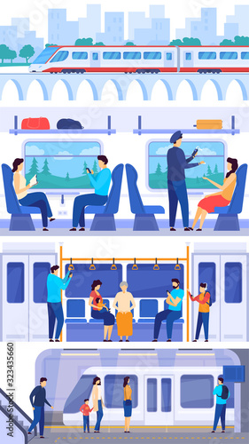 Train passengers, people in public railway transport, vector illustration. Traveling by train and subway, men and women passengers cartoon characters. Train crossing bridge in city, people ride subway