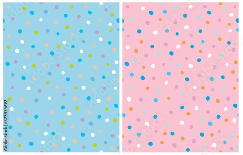 Simple Hand Drawn Irregular Dots Vector Patterns. Pink, Beige and White Dots on a Light Blue Background. Blue, White and Orange Dots on a Pink Background. Infantile Style Abstract Dotted Print.