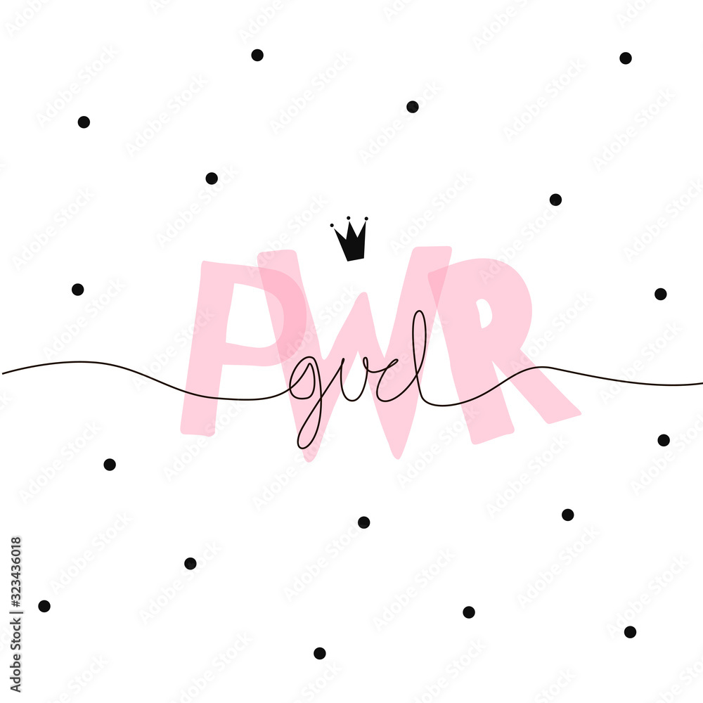 Girl Power handwritten inscription on polka dots background. Pink transparent overlapped letters. One line calligraphic girlish quote. Vector illustration. Girl-like princess design for card, print