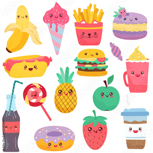 Isolated childish icons of food, cute cartoon characters vector illustration. Set of stickers with kawaii food mascots, fruits and sweets, snack and drink. Fast food hamburger, hotdog and french fries