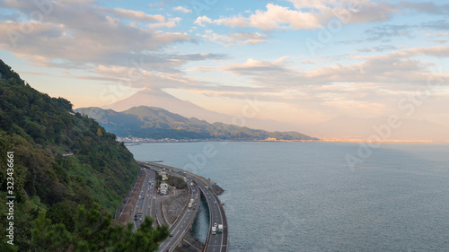 Mount Fuji with express way and railroad and the sea