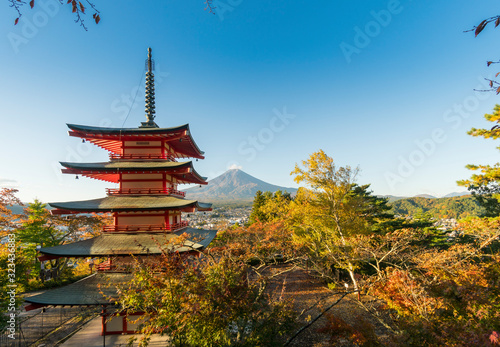 Mt.Fuji and Chureito pagoda in autumn red color