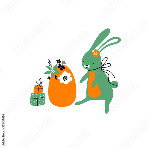 doodle vector illustration for easter blue bunny, gifts bouquet with flowers and an orange egg, drawing for the holiday and design