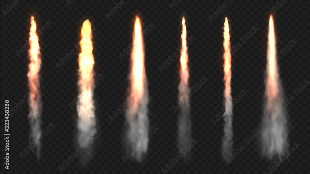Rocket fire and smoke trails, vector realistic spacecraft startup