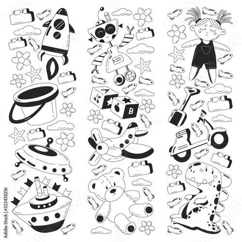 Vector set with toys icons. Pattern for kindergarten, little children. Kids playing.