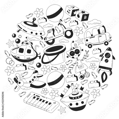 Vector set with toys icons. Pattern for kindergarten, little children. Kids playing.