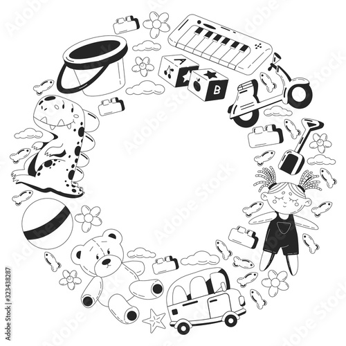 Vector set with toys icons. Pattern for kindergarten, little children. Kids playing.
