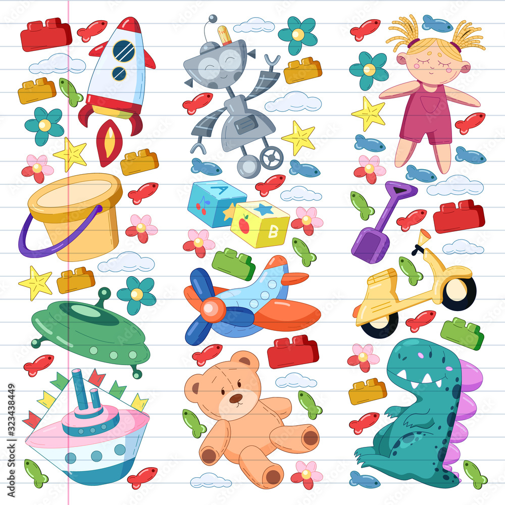 Vector set with toys icons. Pattern for kindergarten, little children. Kids playing.