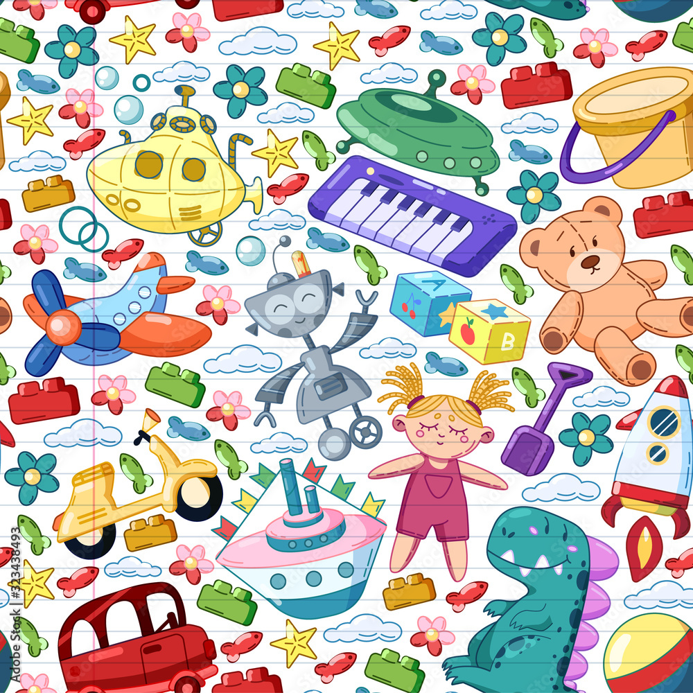 Fototapeta premium Vector set with toys icons. Pattern for kindergarten, little children. Kids playing.