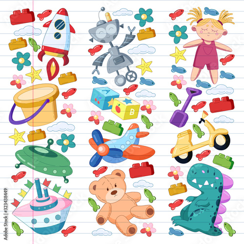 Vector set with toys icons. Pattern for kindergarten, little children. Kids playing.