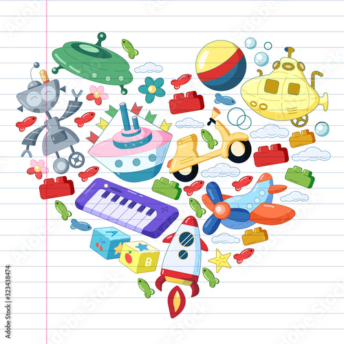 Vector set with toys icons. Pattern for kindergarten, little children. Kids playing.