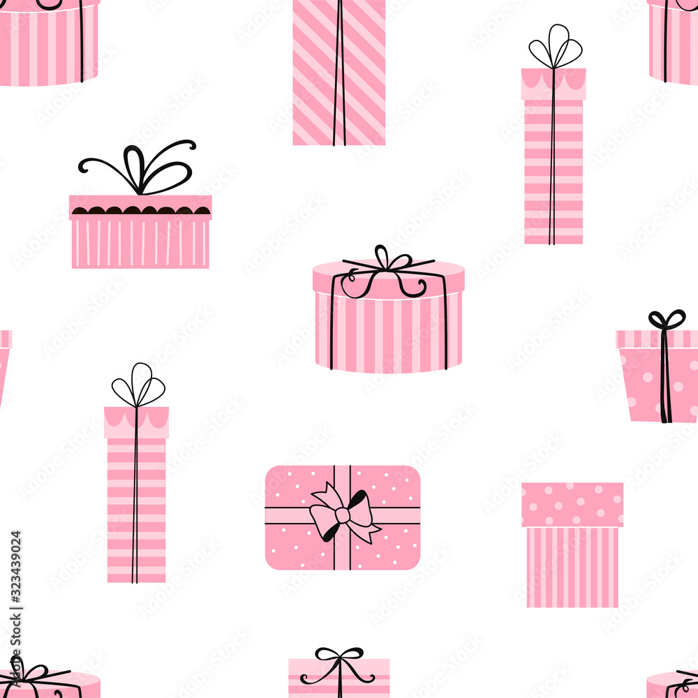 Candy pink gift box isolated on white vector seamless pattern. Happy birthday background with festive surprise pack. Festal girlish party present backdrop. Candy pink gift box isolated on white vector seamless pattern. Happy birthday background with festive surprise pack. Festal girlish party present backdrop.
