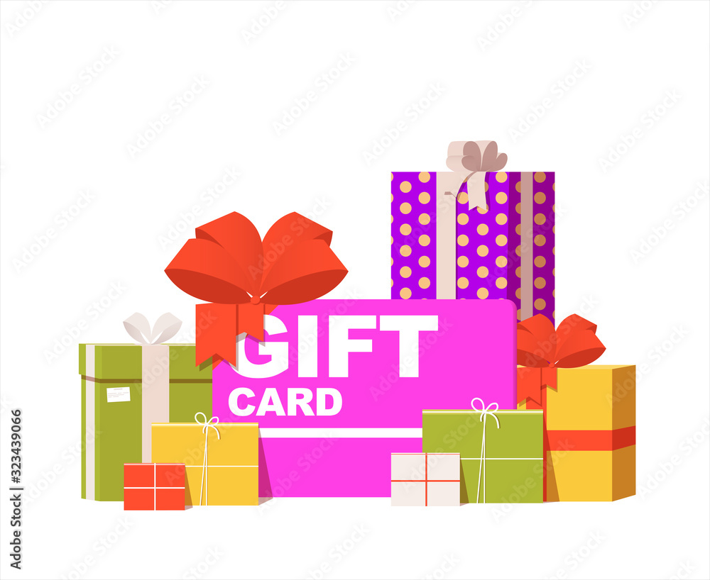 Gift cards with red bow, ribbon and gift boxes. Online shopping. Flat vector.