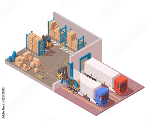Isometric modern warehouse. Illustration include semi trucks, pallets, boxes, forklift and pallet jack. Storage icon. Isolated on white.