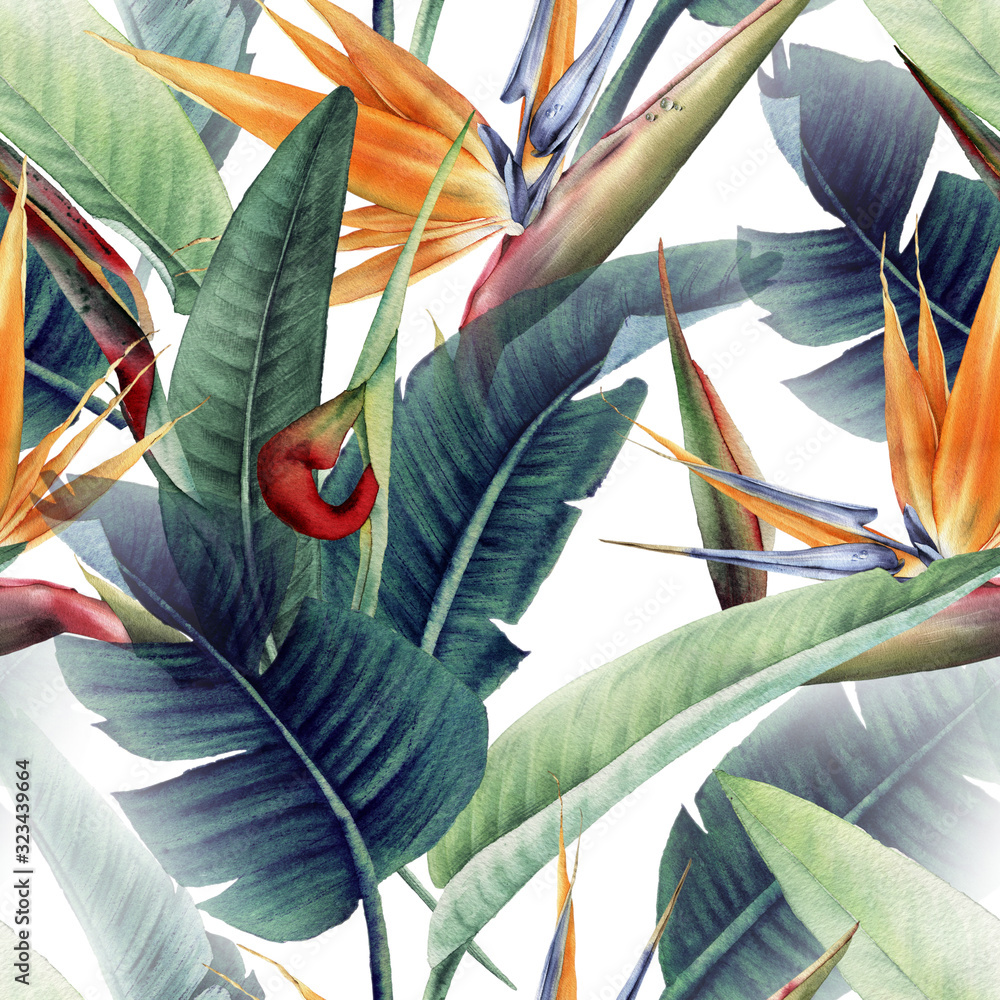 Fototapeta Seamless floral pattern with tropical leaves and strelitzia on light background. Template design for textiles, interior, clothes, wallpaper. Watercolor illustration