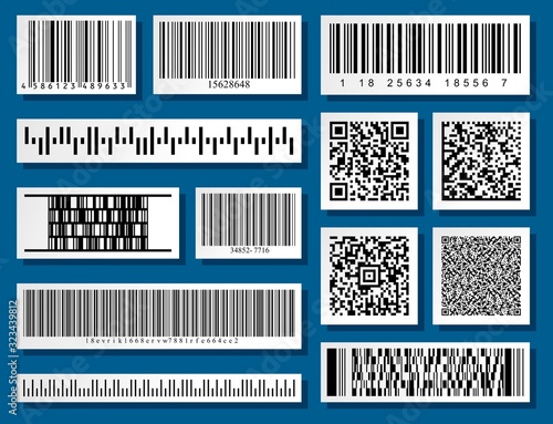 Barcodes and QR codes collection set. Black striped code for digital identification. Vector code information, QR, store scan codes. Industrial coding information. Vector illustartion