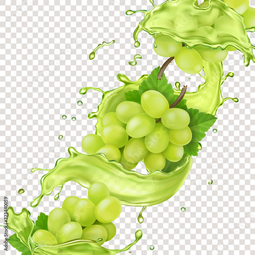 White grape branch in grape juice splash realistic design for advertising