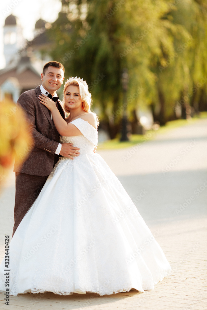 Bride and groom in forest on their wedding, photo session. Bride and groom in forest on their wedding, photo session.