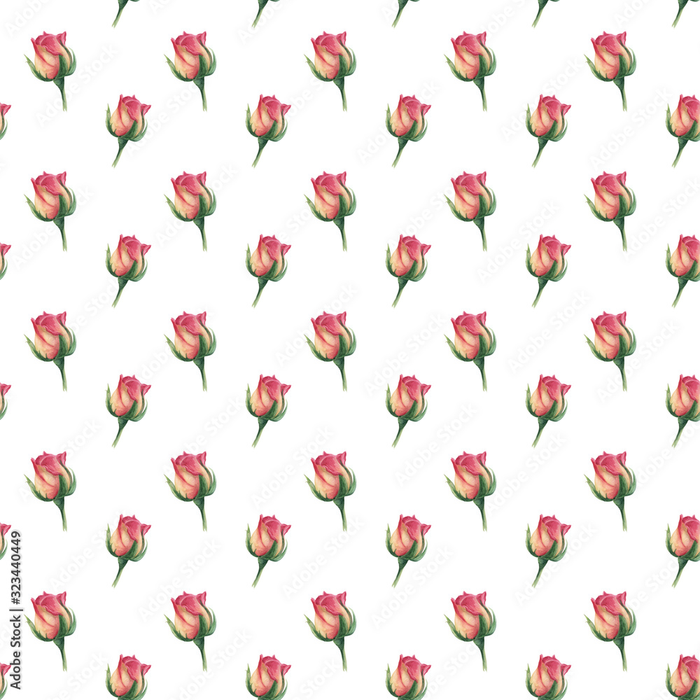 Pattern with watercolor roses. Seamless watercolor pattern with yellow-red rosebuds on a white background. Illustration of flowers for textile, greeting cards, wrapping paper.