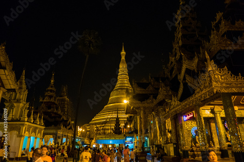 Panorama of Shwedagon golden pagoda an ancient buddhist temple at night, Rangon/Yangon,Myanmar