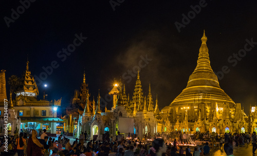 Panorama of Shwedagon golden pagoda an ancient buddhist temple at night, Rangon/Yangon,Myanmar photo