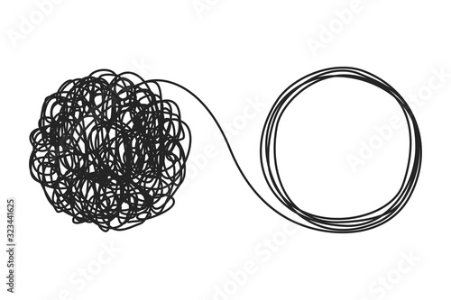Unraveling tangled tangle. Psychotherapy concept. Metaphor of problem solving, chaos and mess, difficult situation. Psychologist unravels tangled tangle untangled. Vector illustration
