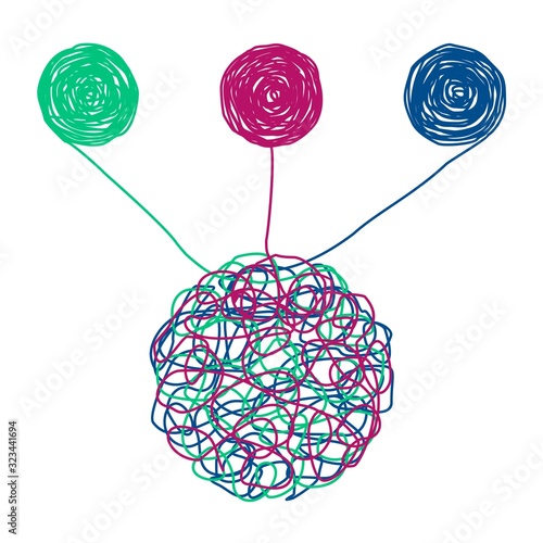 Unraveling tangled tangle. Psychotherapy concept. Metaphor of problem solving, chaos and mess, difficult situation. Psychologist unravels tangled tangle untangled. Vector illustration