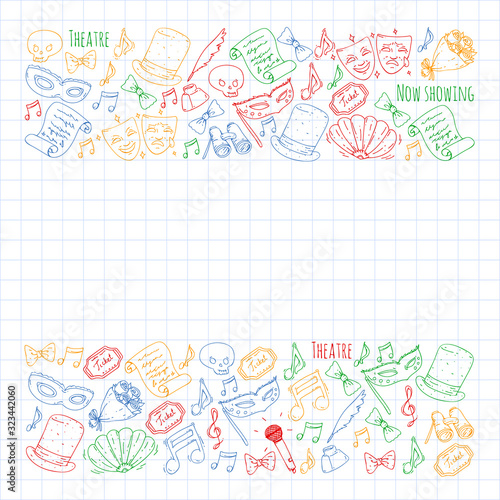 Theatre vector illustration. Entertaiment, cinema, stage, event. Background for banners, posters.