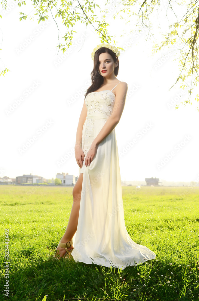 Young Beautiful Cute Girl Fashionable Dress Forest Outdoors Fashion Concept Young Beautiful Cute Girl Fashionable Dress Forest Outdoors Fashion Concept