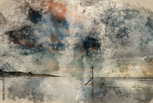 Digital watercolor painting of Stunning Winter sunrise over West Wittering beach in Sussex England