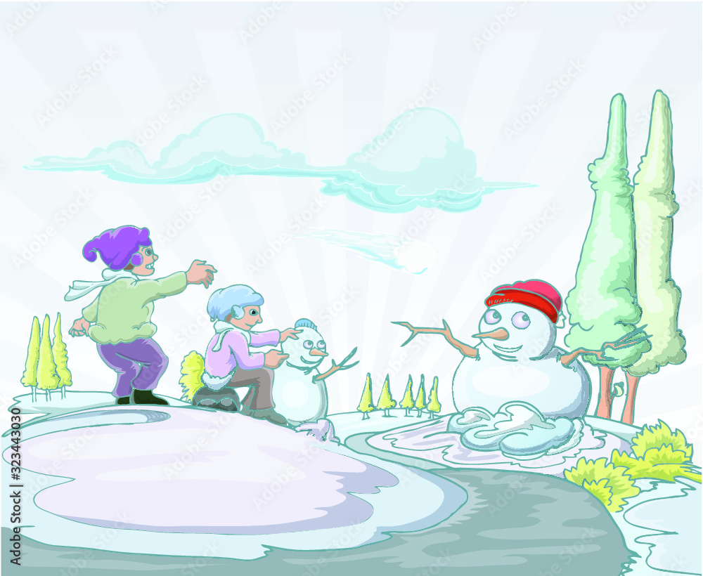 Snow doll vector illustration with children playing outside in winter vacation Snow doll vector illustration with children playing outside in winter vacation