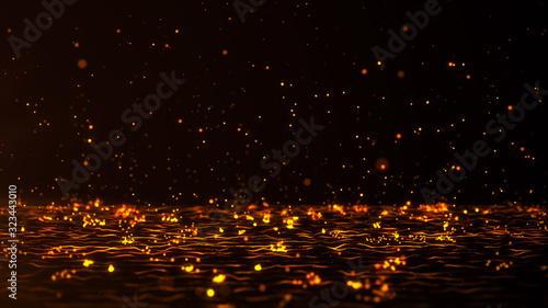 Abstract Golden Bounding Particles with flare dust on dark background.Futuristic glittering in space.