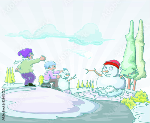 Snow doll vector illustration with children playing outside in winter vacation