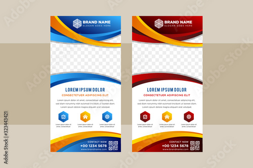 Gradient blue, red and orange curve  Business Roll Up Banner. flat design with white background template. Abstract Geometric vertical banners. Vector illustration set presentation. space for photo.
