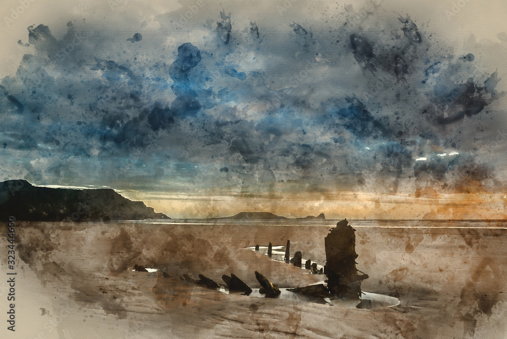 Digital watercolor painting of Landscape image of old shipwreck on beach at sunset in Summer