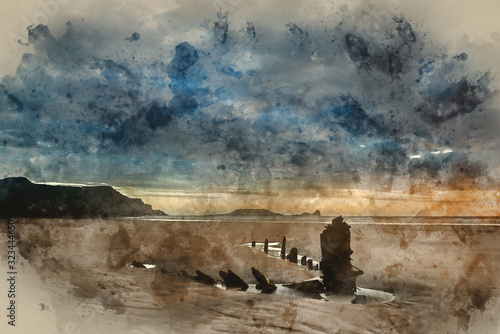 Digital watercolor painting of Landscape image of old shipwreck on beach at sunset in Summer