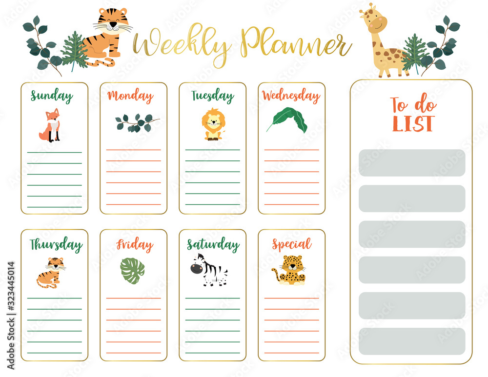 cute animal weekly planner background with giraffe,tiger,lion,leopard ...