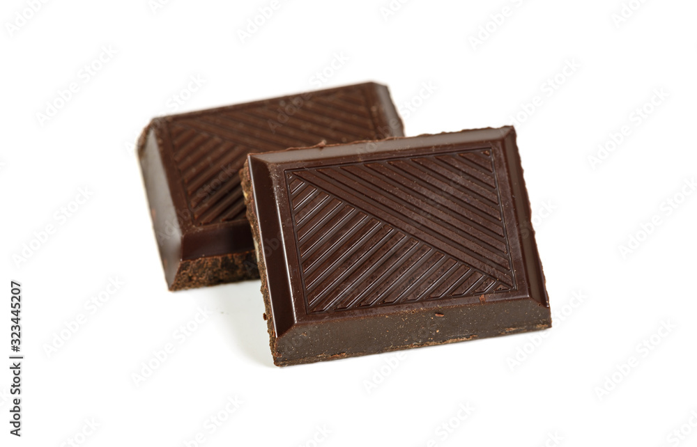 Pair of dark piece broken chocolate bar isolated on white macro Pair of dark piece broken chocolate bar isolated on white macro