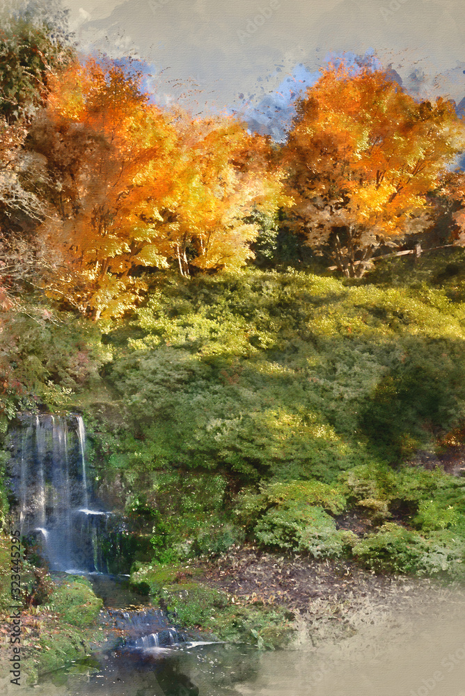 Digital watercolor painting of Stunning vibrant Autumn landscape of waterfall