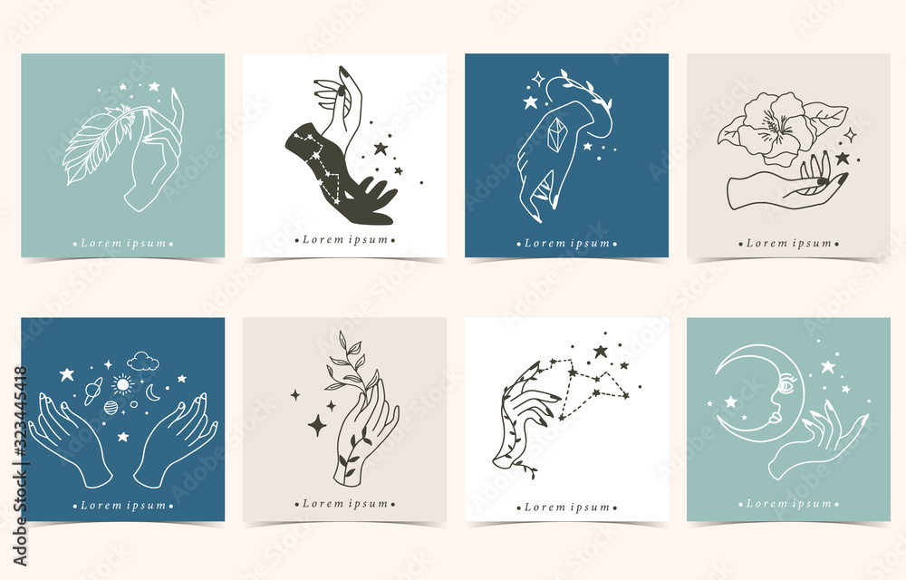 Collection of occult background set with hand,flower,arrow,moon.Editable vector illustration for website, invitation,postcard and sticker
