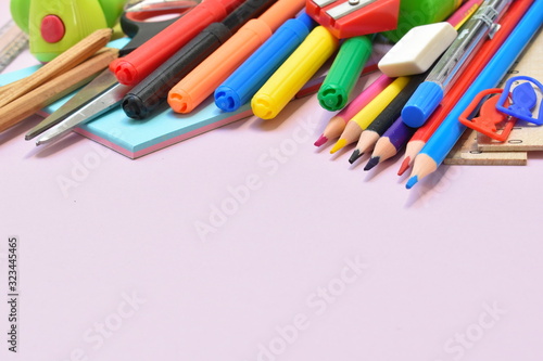 School stationery items on table. Home education. September 1.