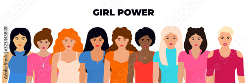 Group of international women. Girl Power, fight, protest, strength. Feminism concept. 8 march