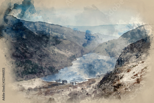 Digital watercolor painting of Landscape image of view from peak of Crimpiau towards Llyn Crafnant in Snowdonia