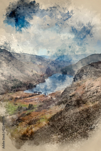 Digital watercolor painting of Landscape image of view from peak of Crimpiau towards Llyn Crafnant in Snowdonia