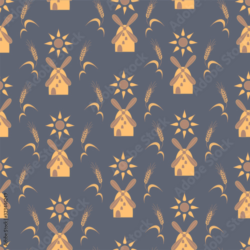 Figure mill with wheat, sun and baking, seamless texture