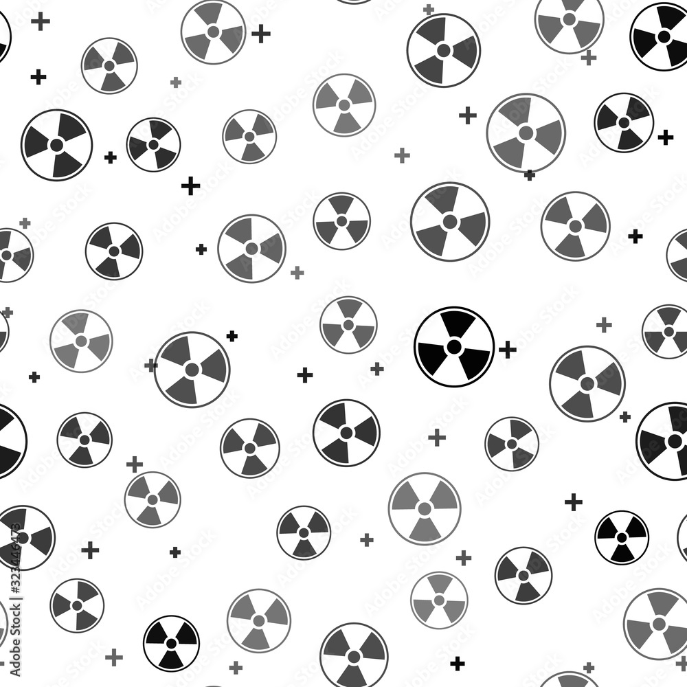 Black Radioactive icon isolated seamless pattern on white background. Radioactive toxic symbol. Radiation Hazard sign. Vector Illustration