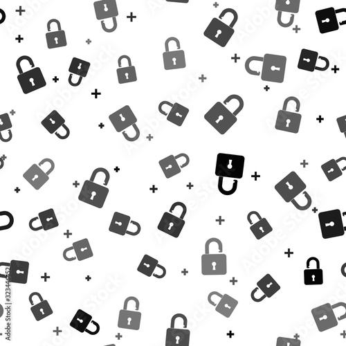 Black Open padlock icon isolated seamless pattern on white background. Opened lock sign. Cyber security concept. Digital data protection. Safety safety. Vector Illustration