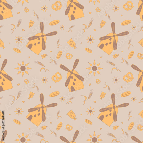 Figure mill with wheat, sun and baking, seamless texture