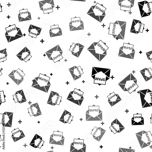 Black Envelope with spam icon isolated seamless pattern on white background. Concept of virus, piracy, hacking and security. Vector Illustration