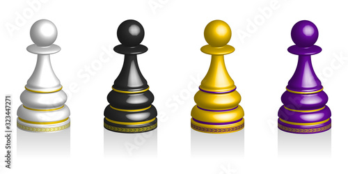 3D four multicolored chess pieces pawn with patterns
